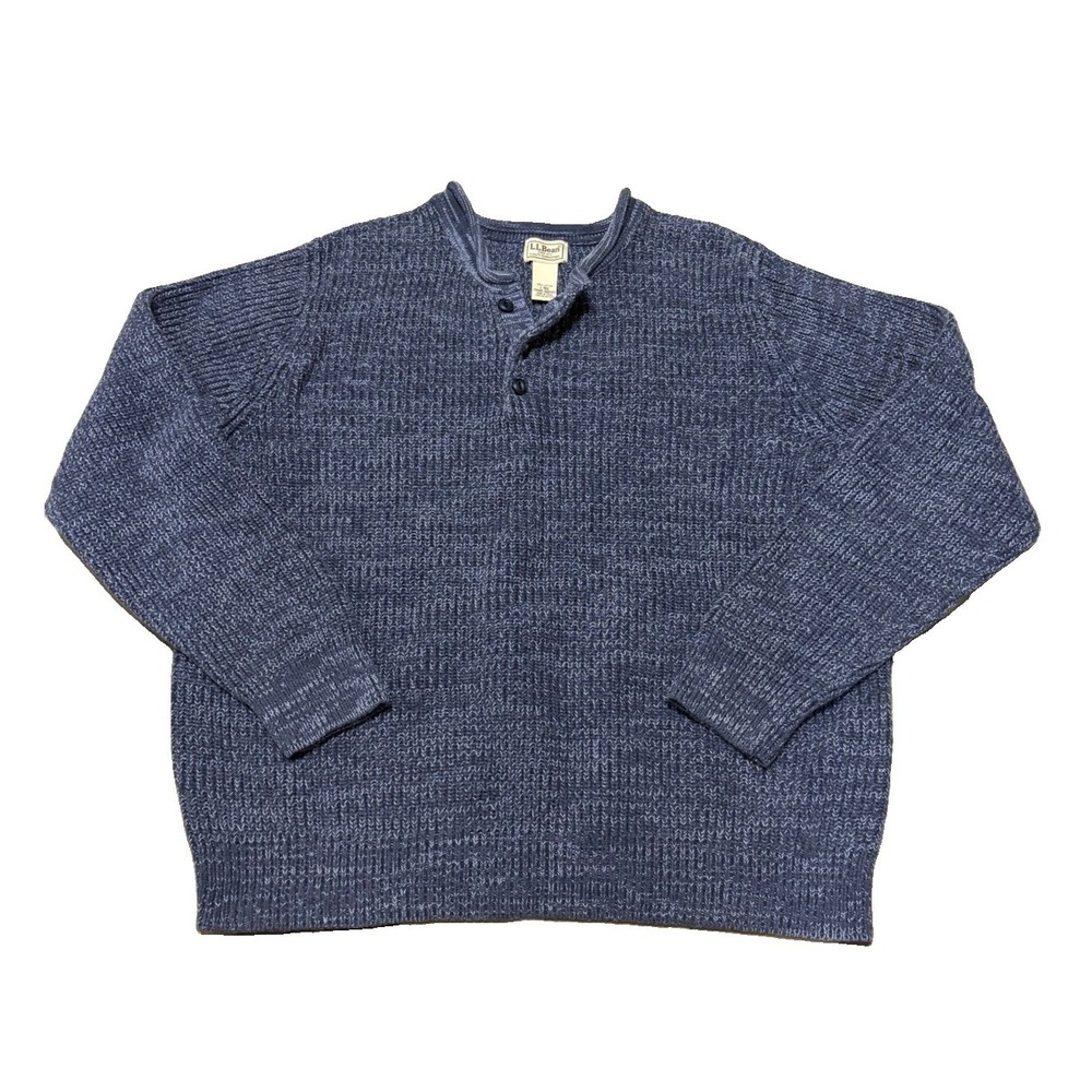 VTG LL Bean Mens L Knit Henley Button Sweater Blue Cotton Fisherman Outdoor